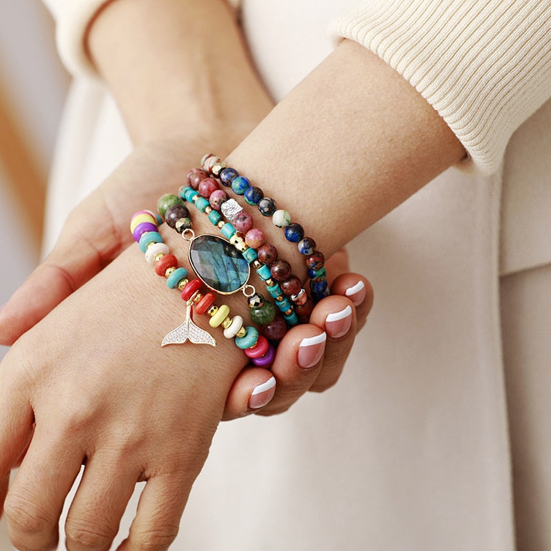 Natural Jade, Onyx & Labradorite Beaded Bracelet