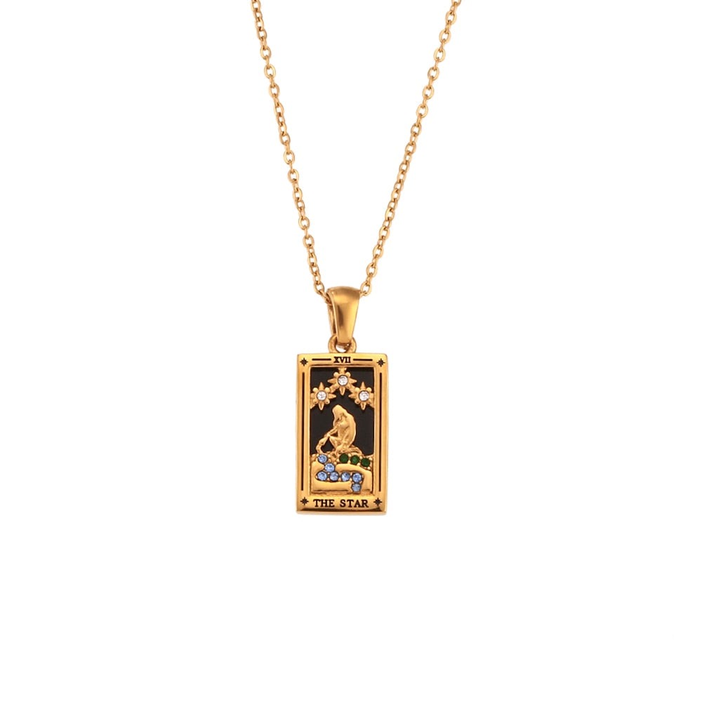 The Star - Tarot card Dainty 18k Necklace with Black Enamel