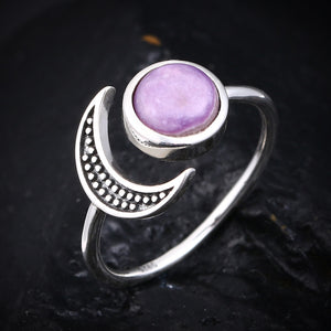 Natural Charoite Stone Adjustable Silver Moon Ring