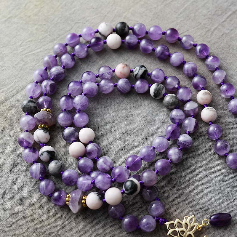 Natural Amethyst & Jasper 108 Beads Mala Lotus Necklace