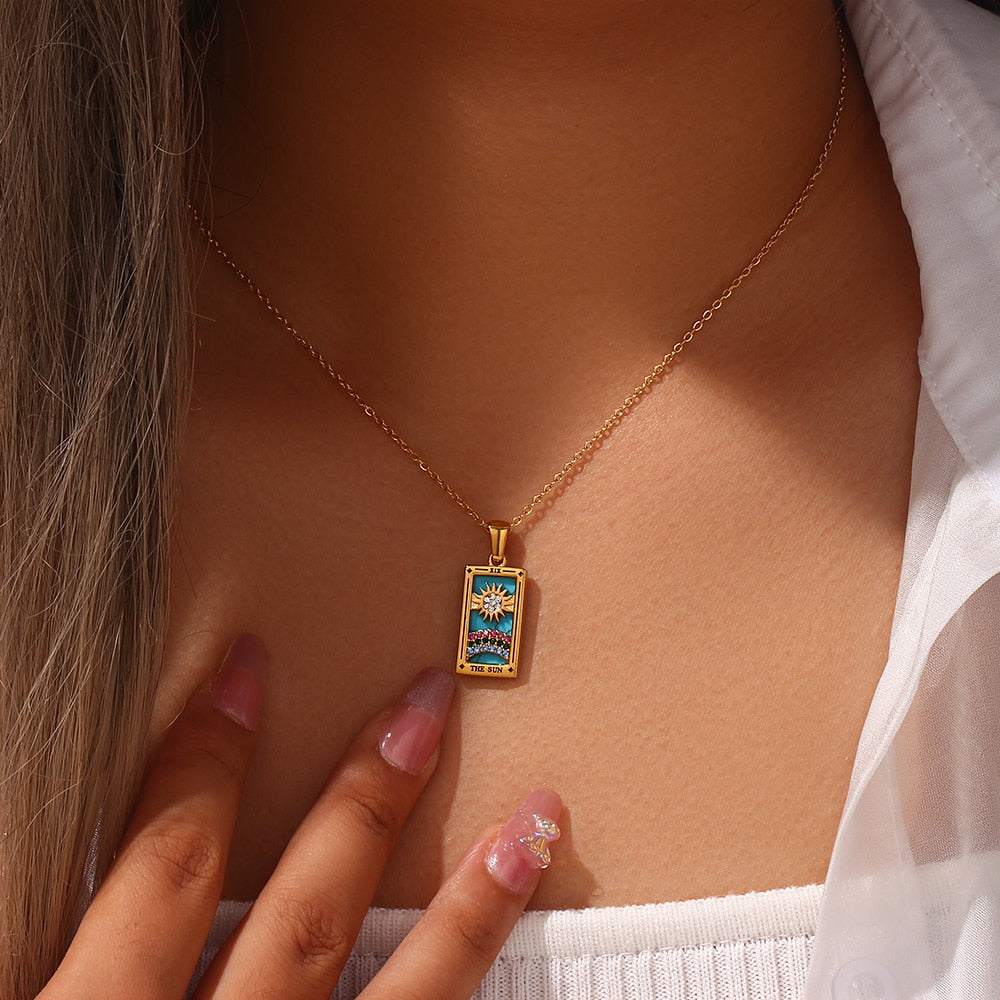 The Sun - Tarot card Dainty 18k Necklace with Blue Enamel