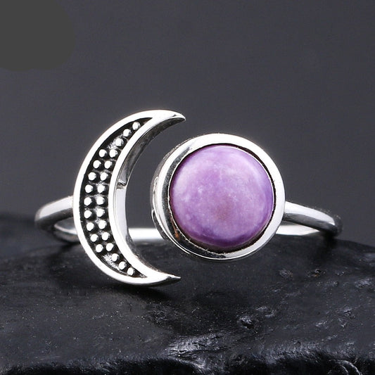 Natural Charoite Stone Adjustable Silver Moon Ring