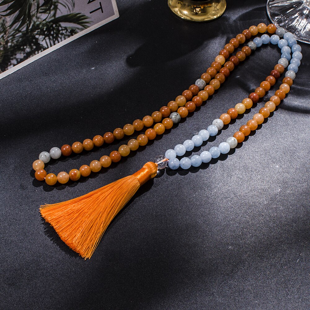Natural Red Aventurine, Aquamarine & Labradorite 108 Mala Beads Necklace / Bracelet