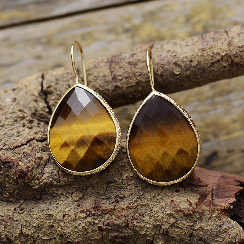 Natural Tiger Eye Teardrop Earrings