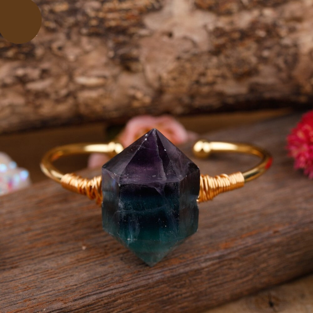 Natural Double-Point Rainbow Fluorite Cuff Bracelet