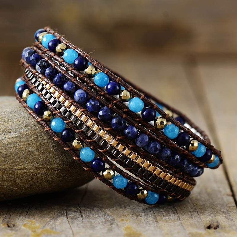 Natural Sodalite, Blue Jasper, Aquamarine & Pyrite Wrap Bracelet