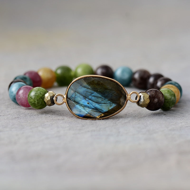 Natural Jade, Onyx & Labradorite Beaded Bracelet