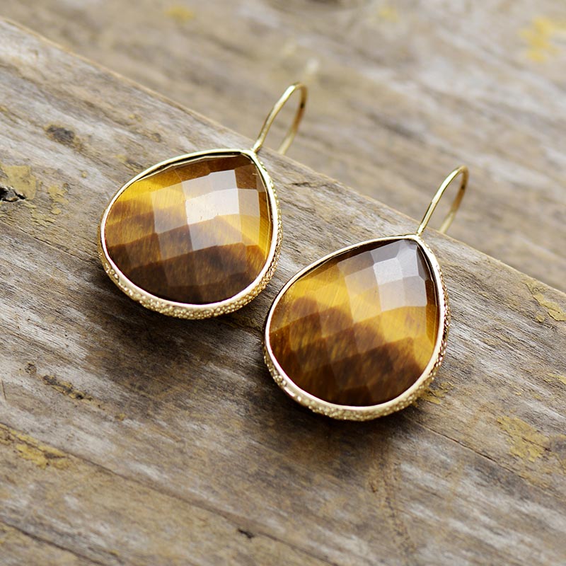 Natural Tiger Eye Teardrop Earrings