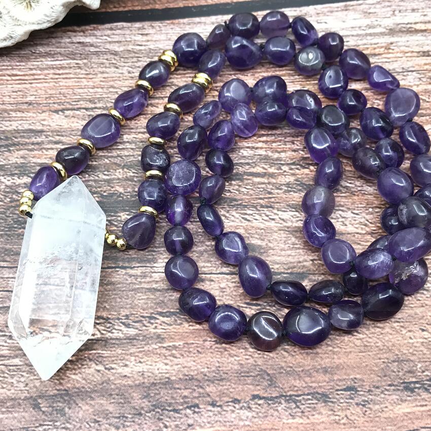 Natural Amethyst Mala Necklace & Clear Quartz Double Point Pendant