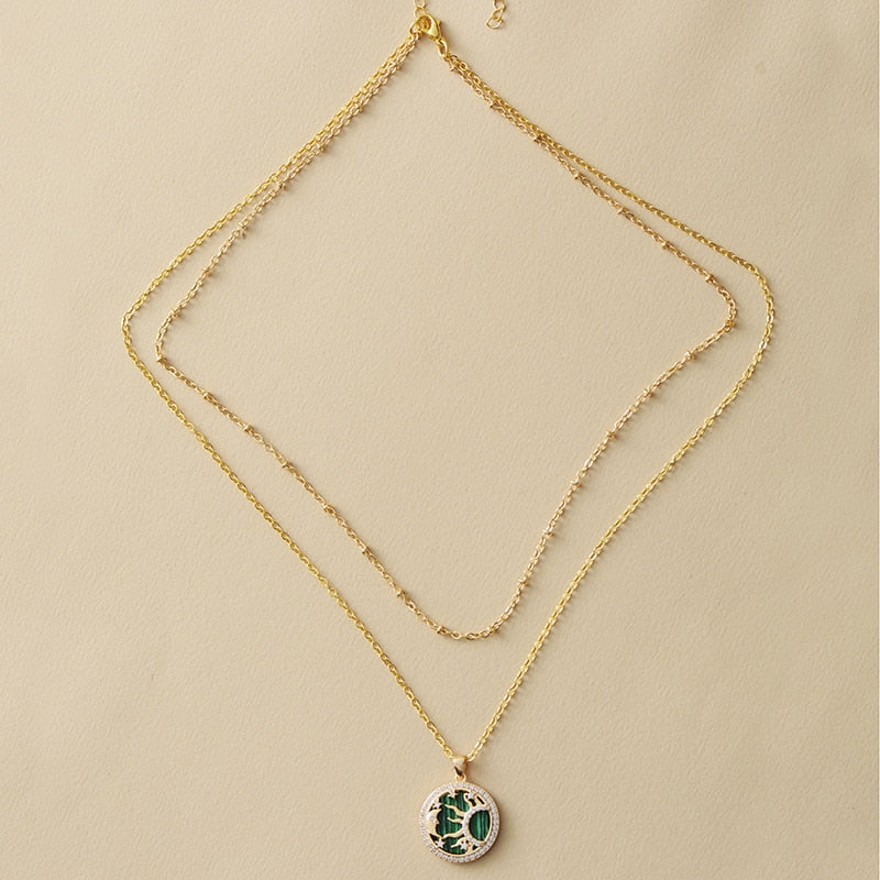 Natural Malachite Sun & Moon Gold Plated Necklace