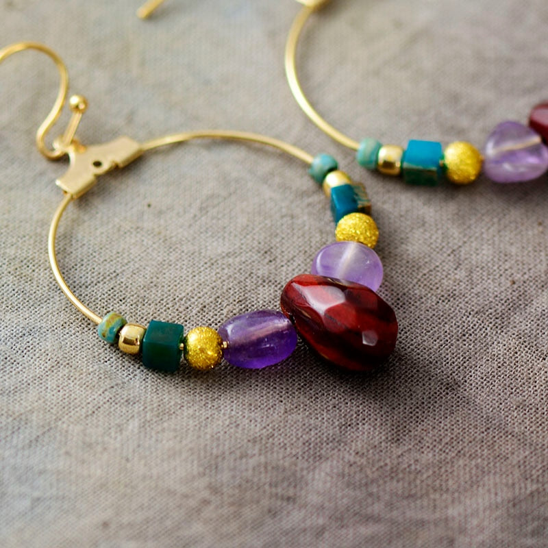 Natural Jasper & Amethyst Hoop Earrings