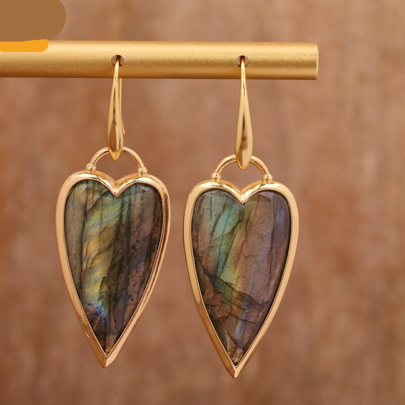 Natural Heart-shaped Flash Labradorite Earrings