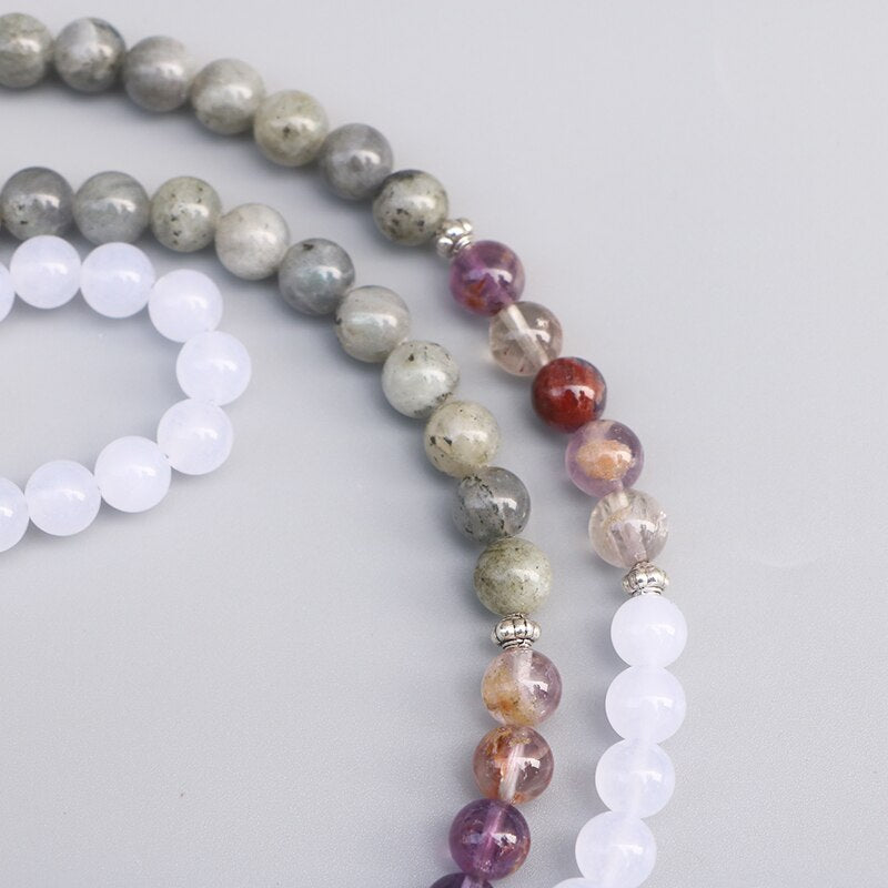 Natural Amethyst, Labradorite & White Quartz 108 Mala Beads Necklace / Bracelet