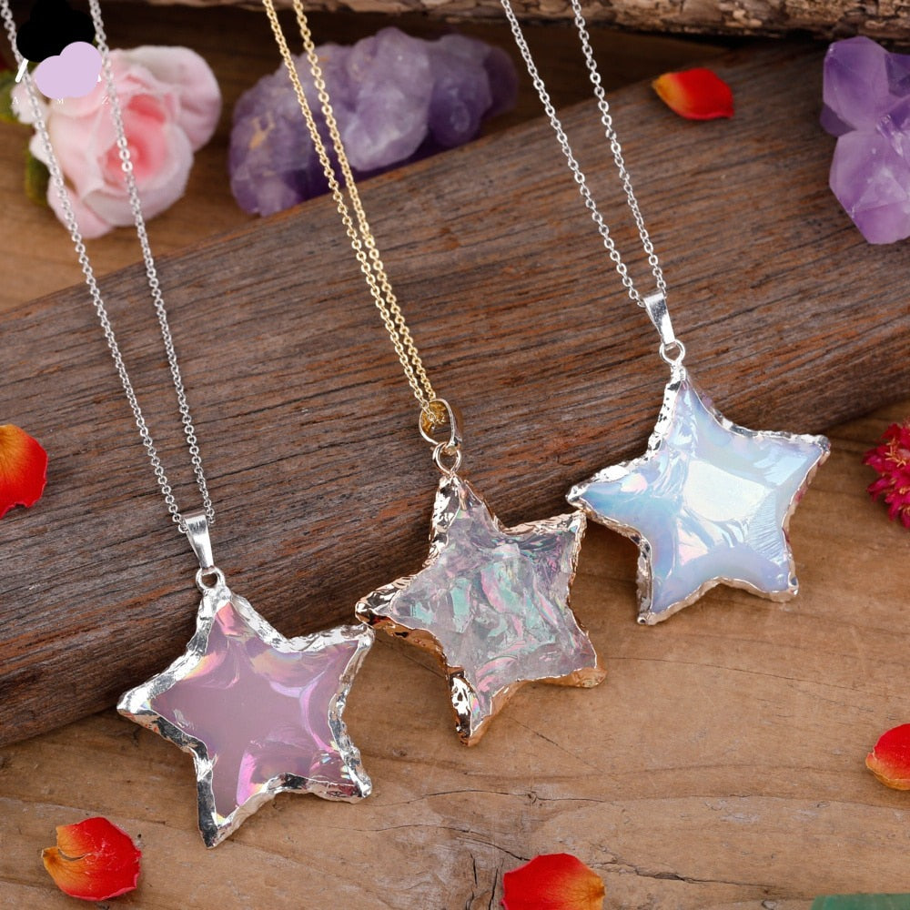 Natural Aura Crystal Star Necklace