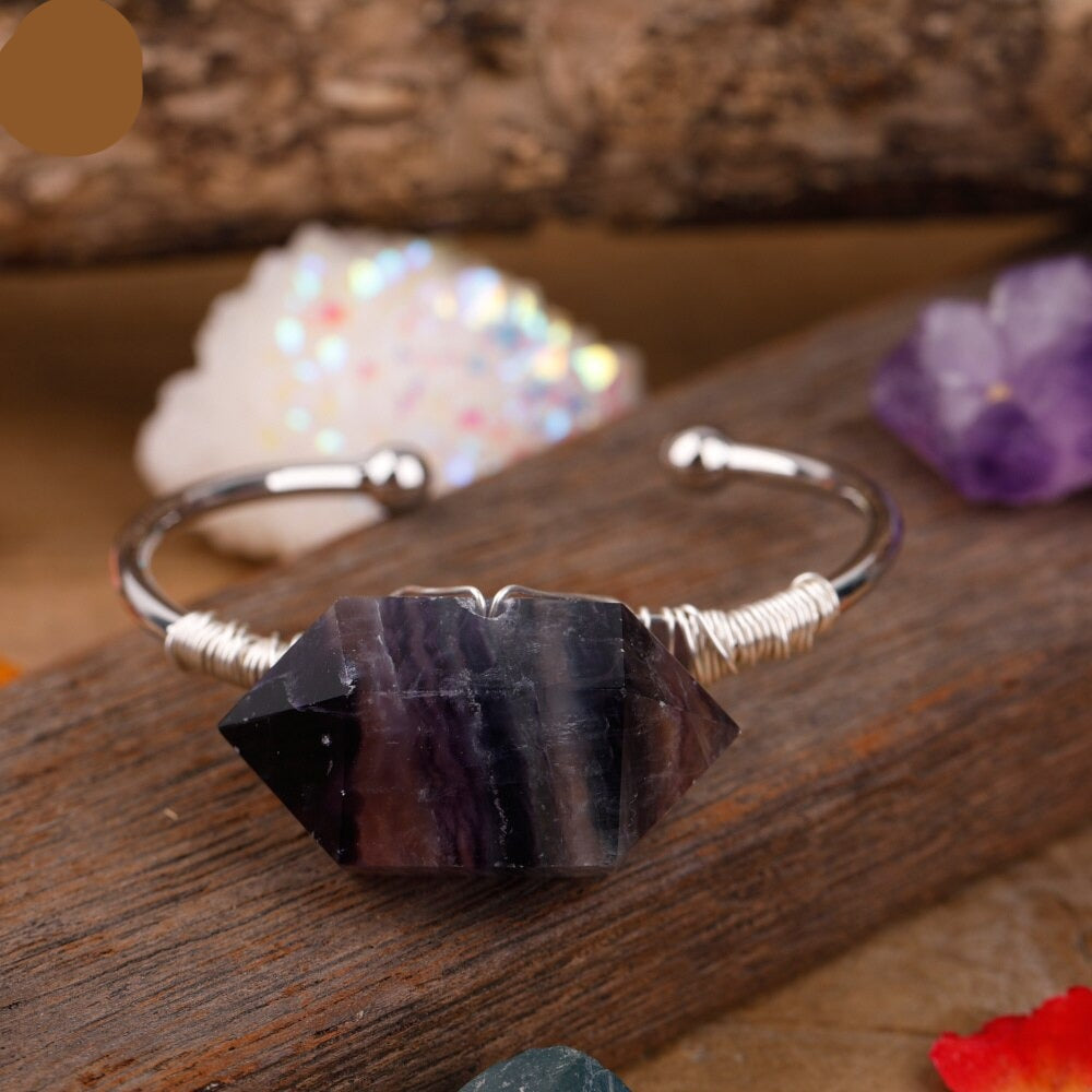 Natural Double-Point Rainbow Fluorite Cuff Bracelet