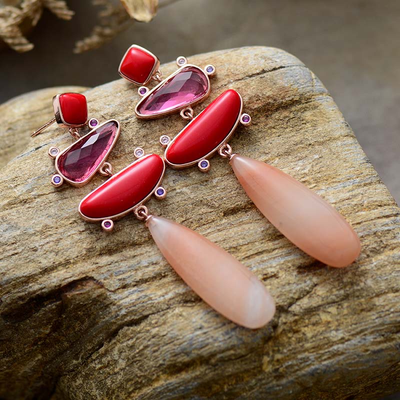 Natural Orange Aventurine & Red Jade Earrings