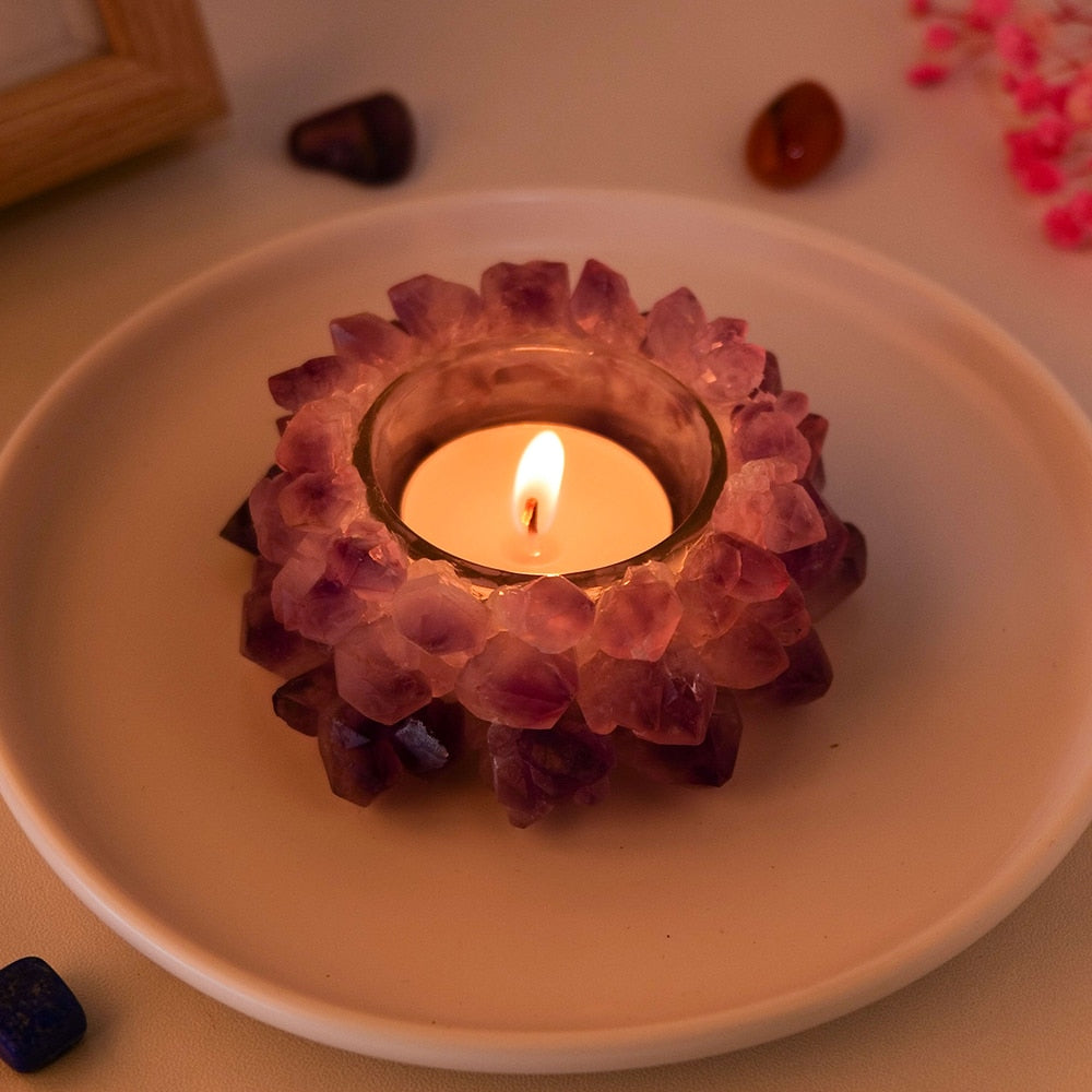 Natural Amethyst Flower Cluster Candle Holder