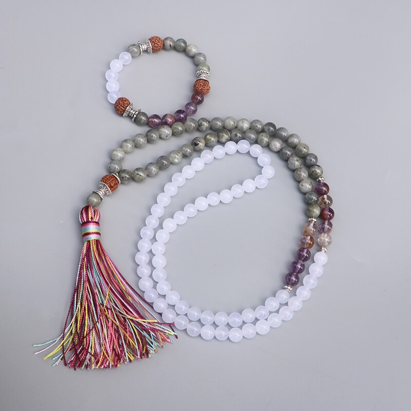 Natural Amethyst, Labradorite & White Quartz 108 Mala Beads Necklace / Bracelet