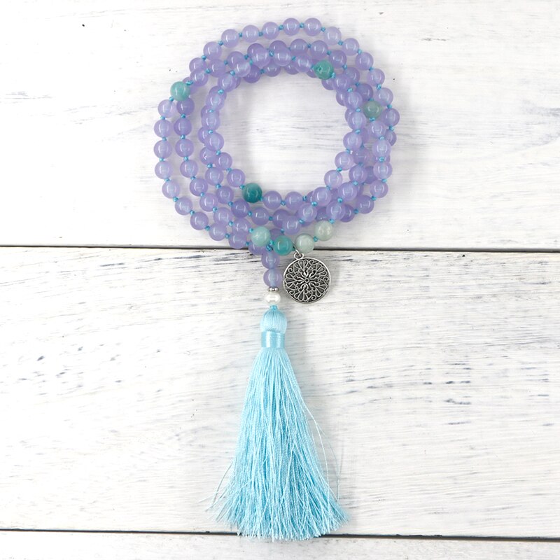 Natural Purple Jade, Amazonite & Aventurine 108 Mala Beads Necklace