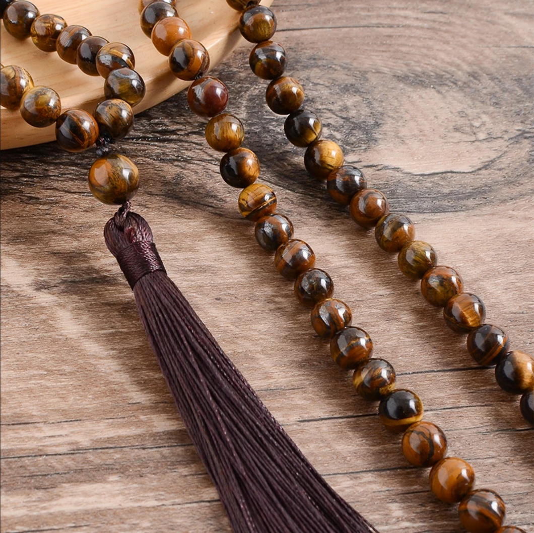 Natural Tiger Eye and Black Onyx 108 Mala Beads Necklace