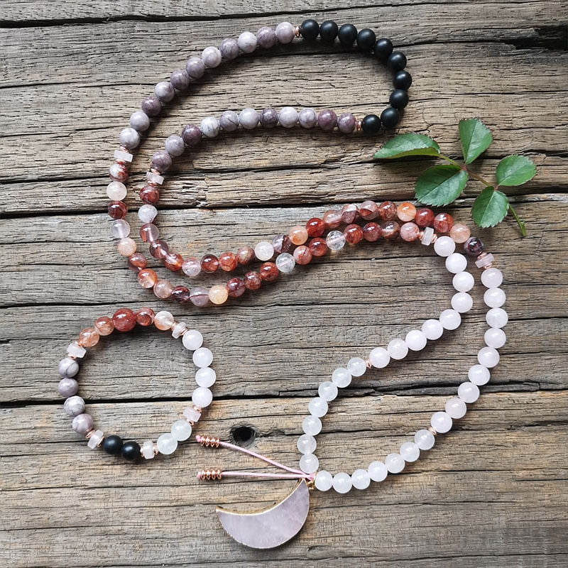 Natural Fire Quartz, Onyx, Jasper, White & Rose Quartz 108 Beads Mala Necklace / Bracelet