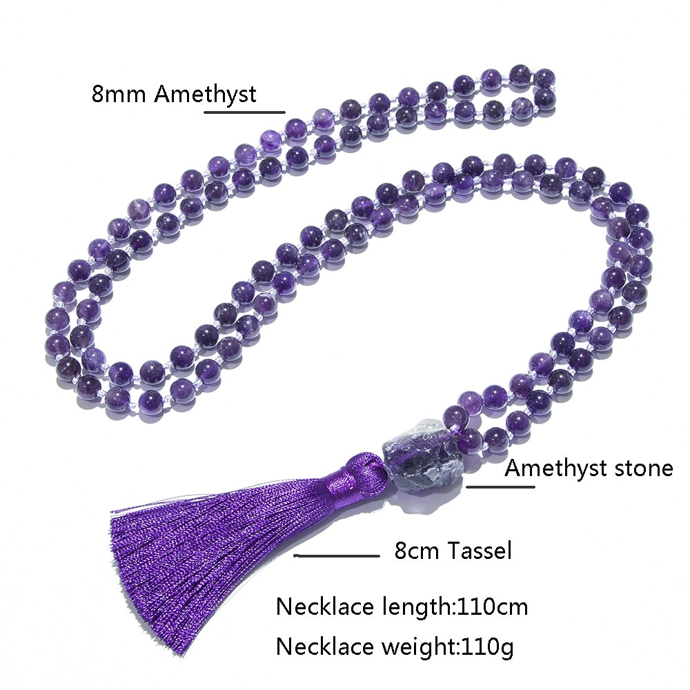 Natural Amethyst 108 Mala Beads Necklace