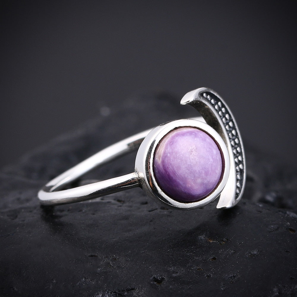 Natural Charoite Stone Adjustable Silver Moon Ring