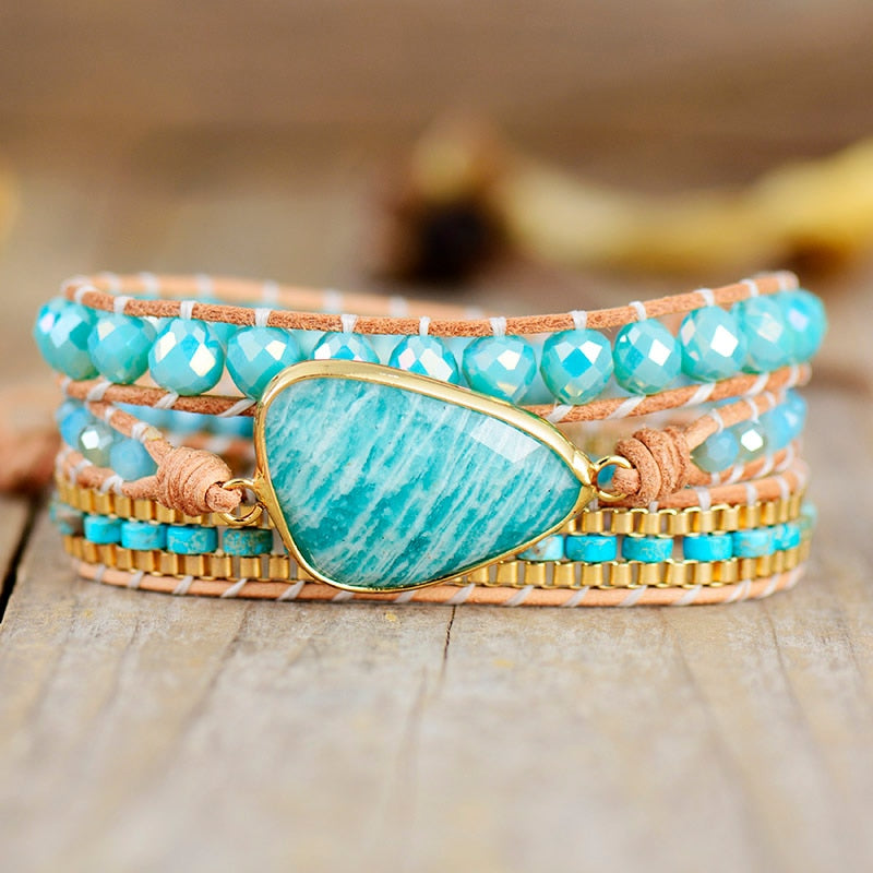 Bohemian Jasper & Rhinestones Beads Leather Wrap Bracelet with Amazonite Charm