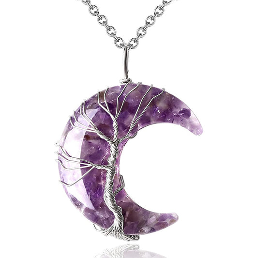 Natural Amethyst Chip Beads Tree of Life Moon Necklace