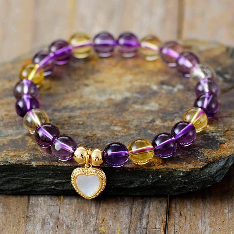 Natural Amethyst, Citrine & Shell Heart Charm Beaded Bracelet