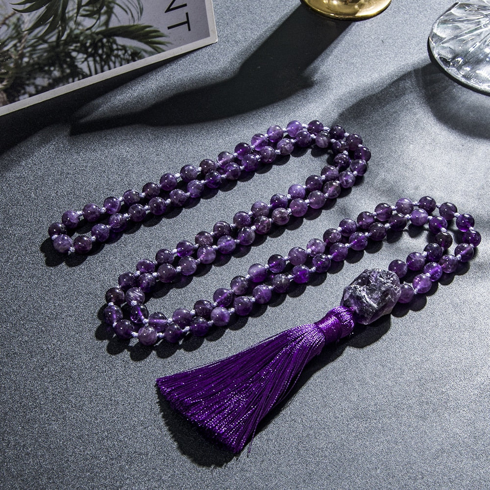 Natural Amethyst 108 Mala Beads Necklace