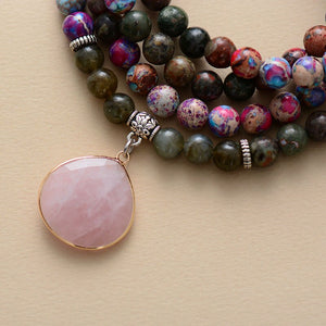 Natural Jasper & Rose Quartz 108 Beads Mala Necklace Wrap Bracelet