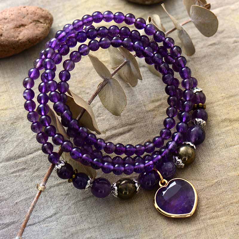 Natural Amethyst 108 Beads Mala Necklace Wrap Bracelet