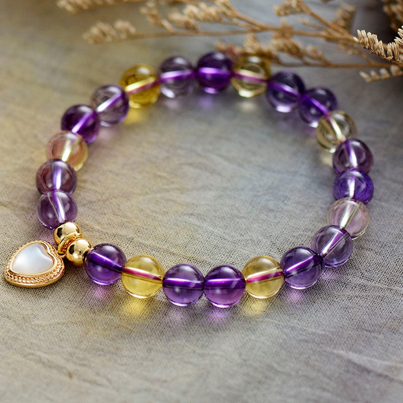 Natural Amethyst, Citrine & Shell Heart Charm Beaded Bracelet