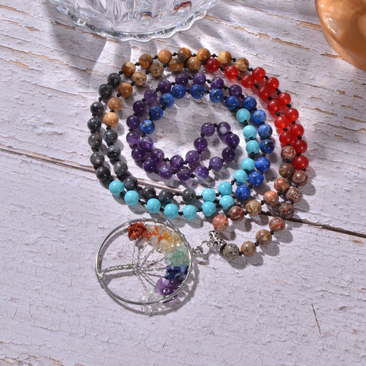 Natural 7 Chakra 108 Mala Beads Tree of Life Necklace