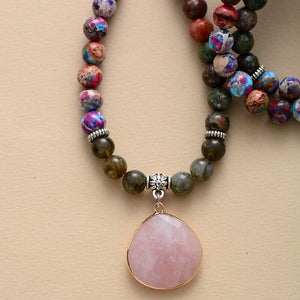 Natural Jasper & Rose Quartz 108 Beads Mala Necklace Wrap Bracelet