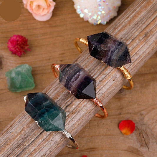 Natural Double-Point Rainbow Fluorite Cuff Bracelet