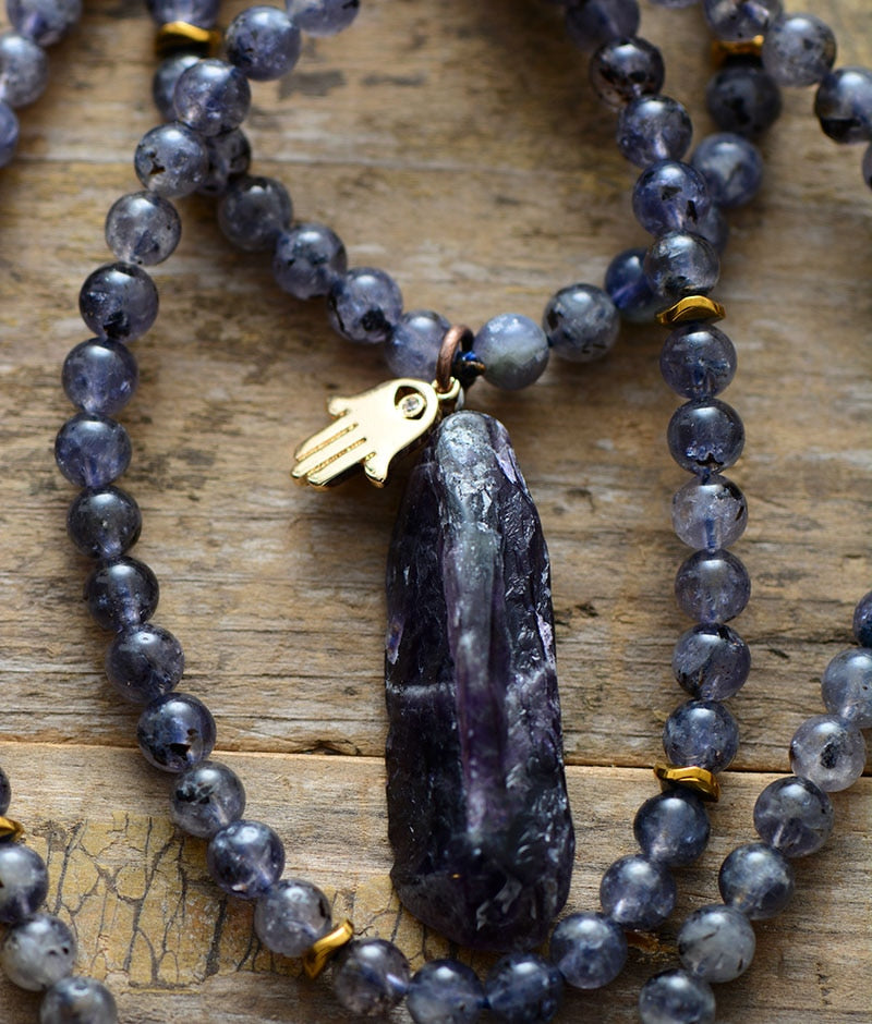 Natural Iolite 108 Mala Beads Necklace