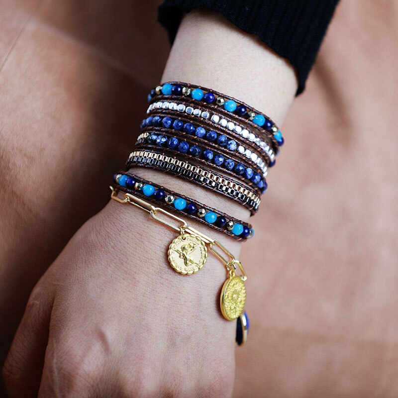 Natural Sodalite, Blue Jasper, Aquamarine & Pyrite Wrap Bracelet