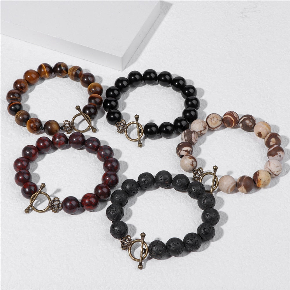 Natural Tiger Eye / Lava Stone / Bloodstone / Zebra Stone / Black Onyx Beaded Bracelet