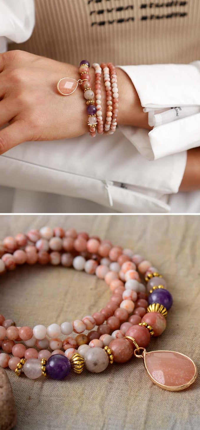 Natural Pink Jasper & Amethyst Beaded Necklace / Bracelet