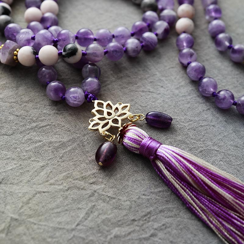 Natural Amethyst & Jasper 108 Beads Mala Lotus Necklace