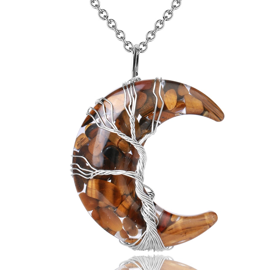 Natural Tiger's Eye Tree of Life Moon Necklace