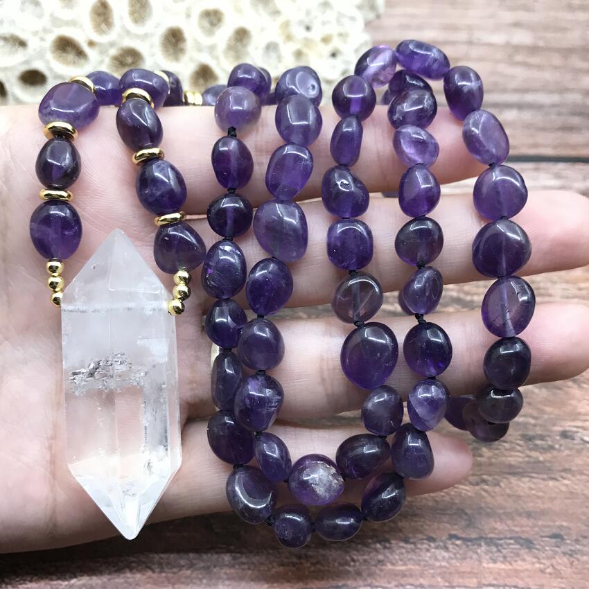 Natural Amethyst Mala Necklace & Clear Quartz Double Point Pendant