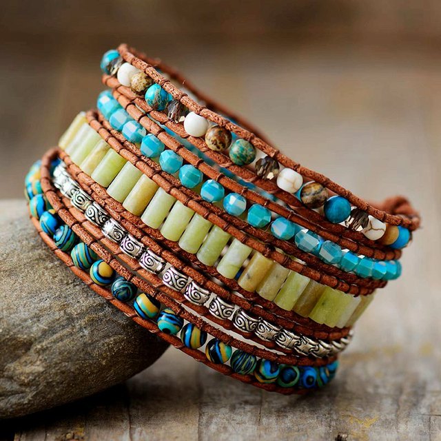 Natural Turquoise Jasper Leather Wrap Bracelet