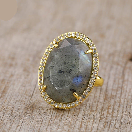 Natural Labradorite & Zircons Ring