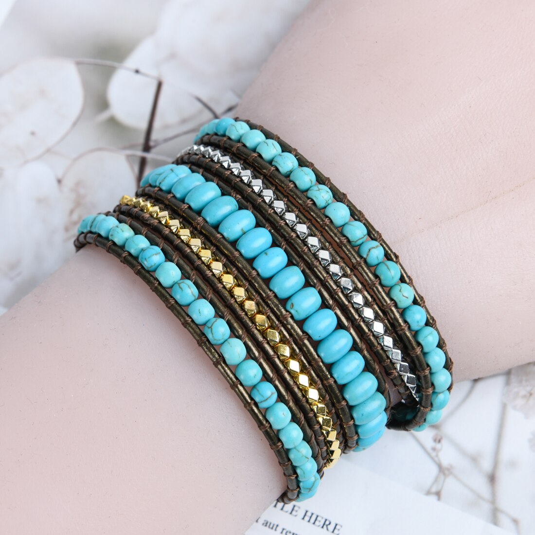 Natural Turquoise Jasper & Brass Beads Leather Wrap Bracelet