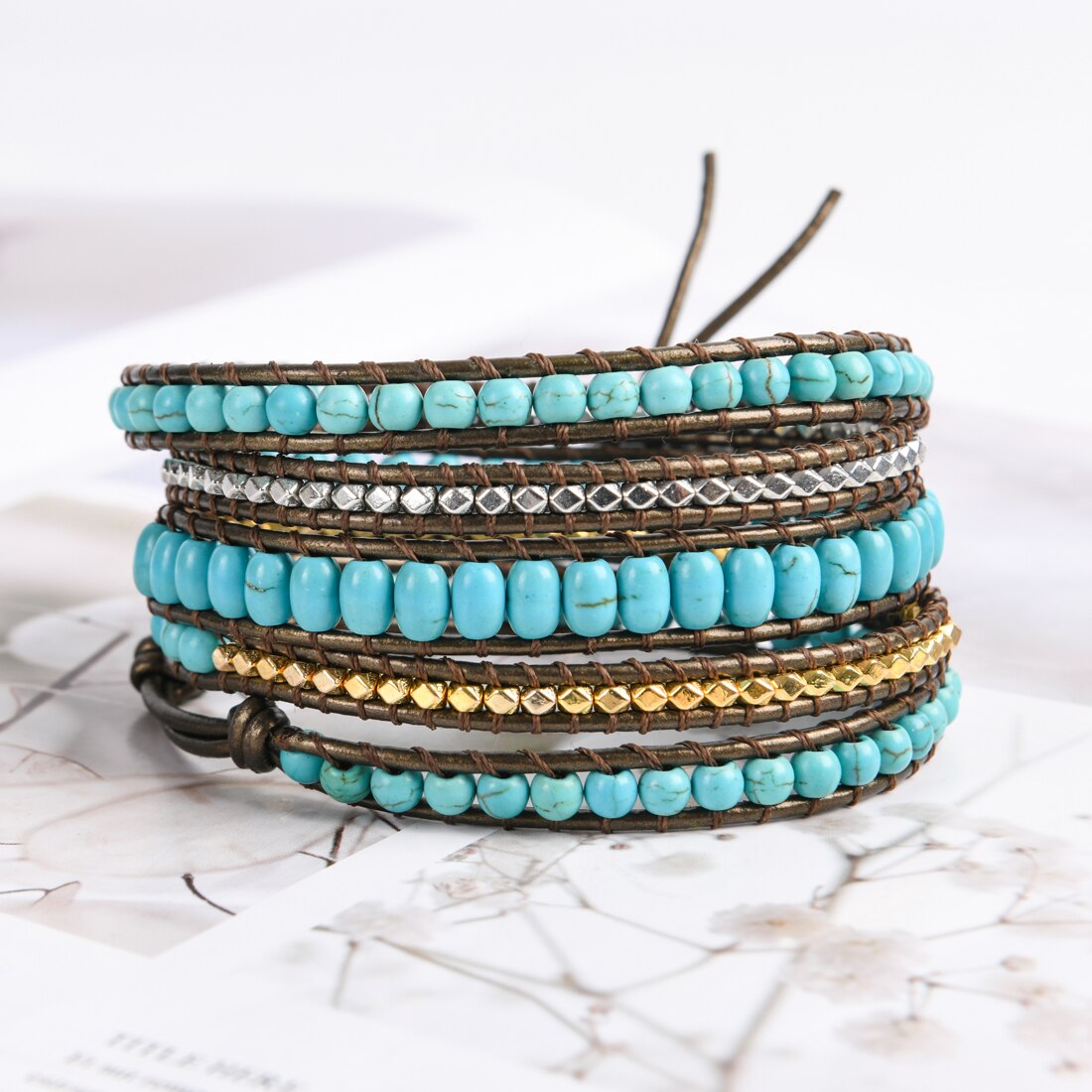 Natural Turquoise Jasper & Brass Beads Leather Wrap Bracelet