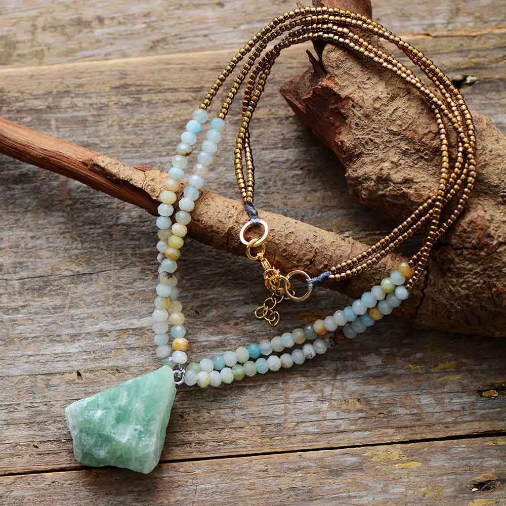 Boho Natural Amazonite Seed Beads & Pendant Necklace