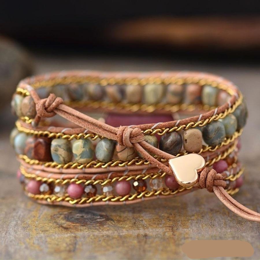 Natural Rhodonite & Jasper LOVE Wrap Bracelet